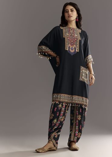 Black Printed Muslin Kurta Dhoti Set