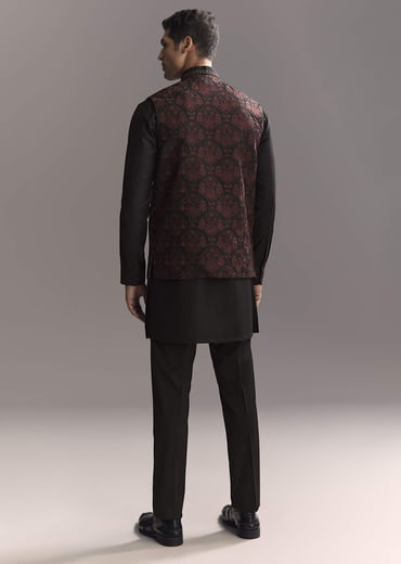 Black Rayon Kurta Jacket Set For Men With Intricate Resham Work
