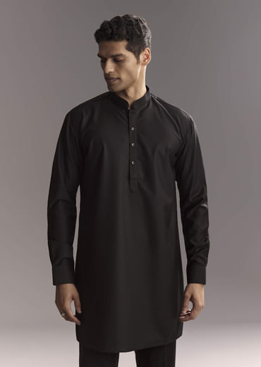 Black Rayon Kurta Jacket Set For Men With Intricate Resham Work