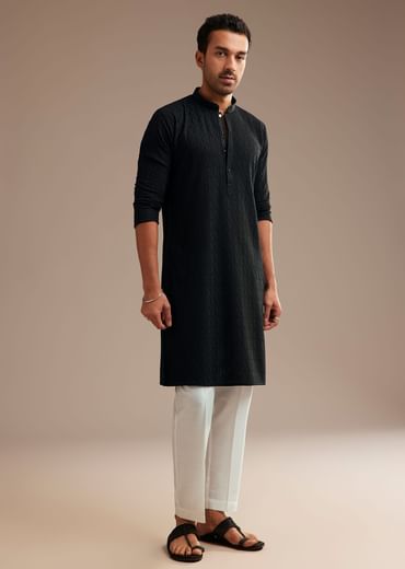 Black Rayon Kurta Set With Self Work Embroidery