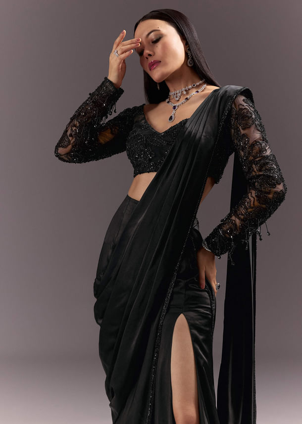 Black Ready Drape Slit Saree With Full Sleeve Blouse Black Ready Drape Slit Saree With Full Sleeve Blouse