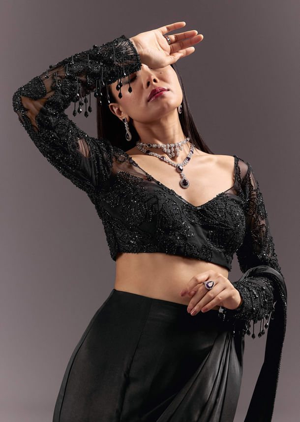 Black Ready Drape Slit Saree With Full Sleeve Blouse Black Ready Drape Slit Saree With Full Sleeve Blouse