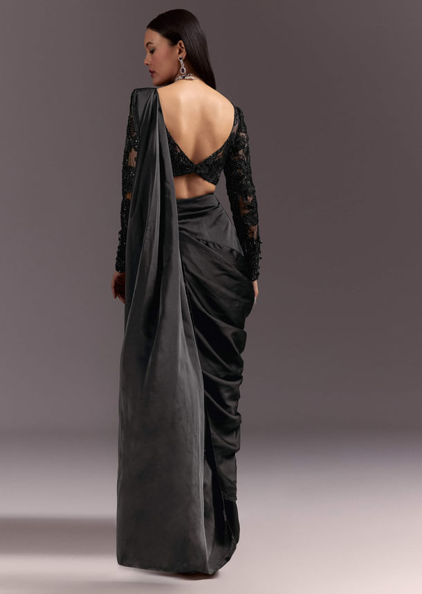 Black Ready Drape Slit Saree With Full Sleeve Blouse Black Ready Drape Slit Saree With Full Sleeve Blouse