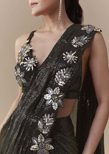 Black Ready Pleated Georgette Saree with Sequin Wor Blouse