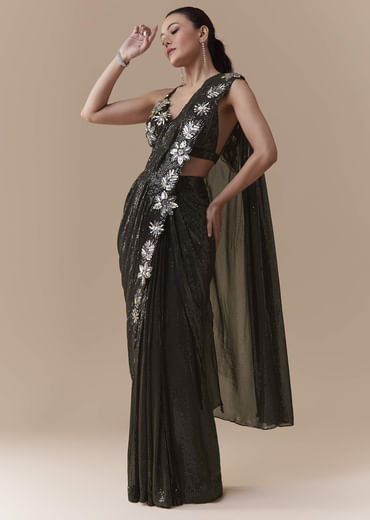 Black Ready Pleated Georgette Saree with Sequin Wor Blouse