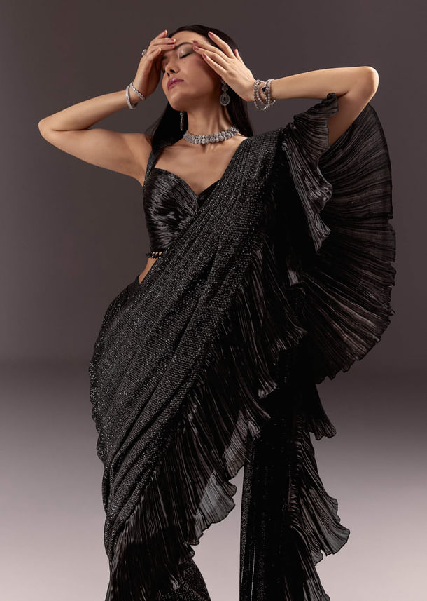 Black Ready Pleated Saree With Ruching Blouse And Frills Black Ready Pleated Saree With Ruching Blouse And Frills