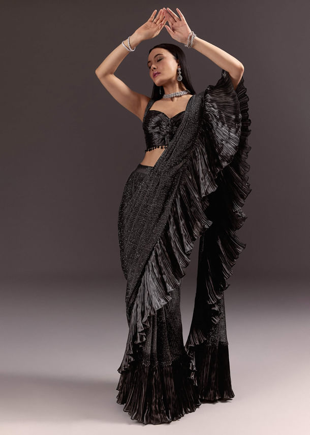 Black Ready Pleated Saree With Ruching Blouse And Frills Black Ready Pleated Saree With Ruching Blouse And Frills