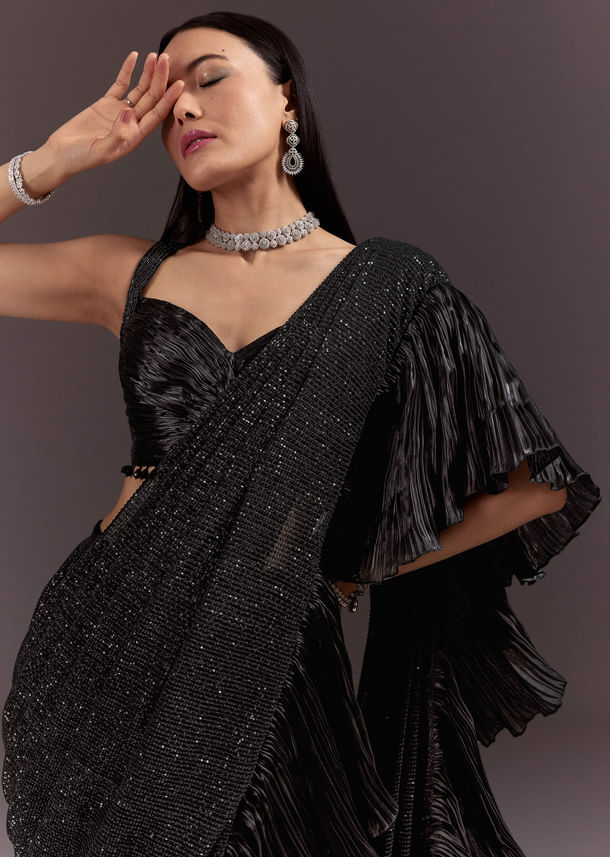 Black Ready Pleated Saree With Ruching Blouse And Frills Black Ready Pleated Saree With Ruching Blouse And Frills