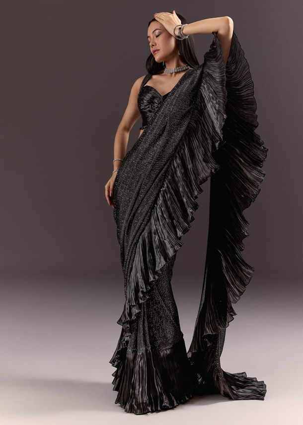 Black Ready Pleated Saree With Ruching Blouse And Frills Black Ready Pleated Saree With Ruching Blouse And Frills