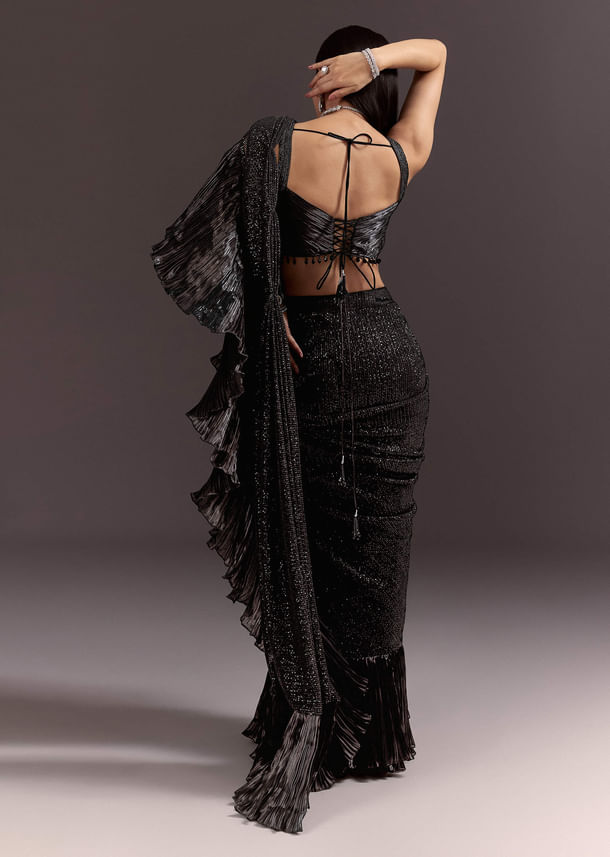 Black Ready Pleated Saree With Ruching Blouse And Frills Black Ready Pleated Saree With Ruching Blouse And Frills