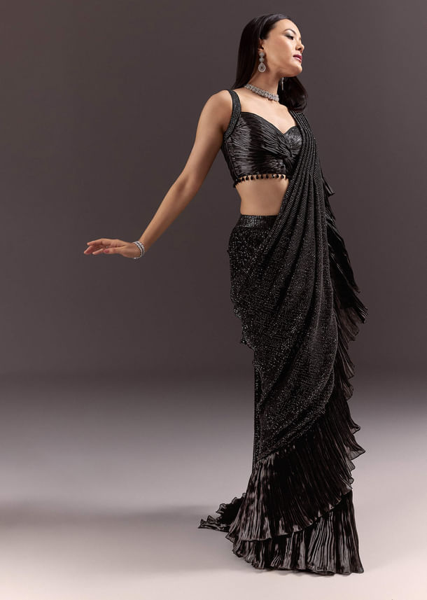 Black Ready Pleated Saree With Ruching Blouse And Frills Black Ready Pleated Saree With Ruching Blouse And Frills