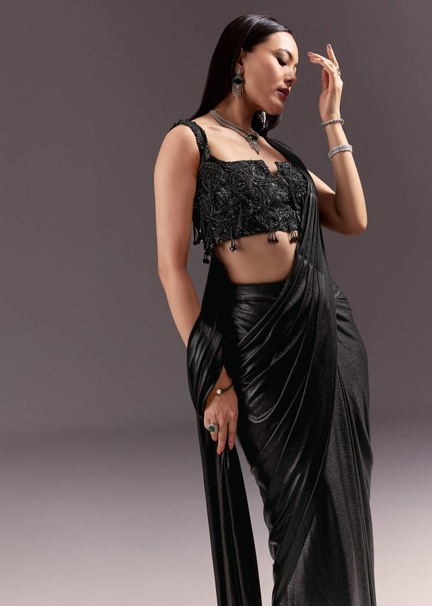 Black Ready To Drape Frill Saree With Ruching Blouse Black Ready To Drape Frill Saree With Ruching Blouse