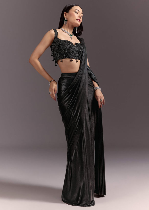 Black Ready To Drape Frill Saree With Ruching Blouse Black Ready To Drape Frill Saree With Ruching Blouse