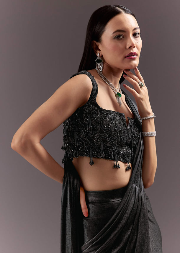 Black Ready To Drape Frill Saree With Ruching Blouse Black Ready To Drape Frill Saree With Ruching Blouse
