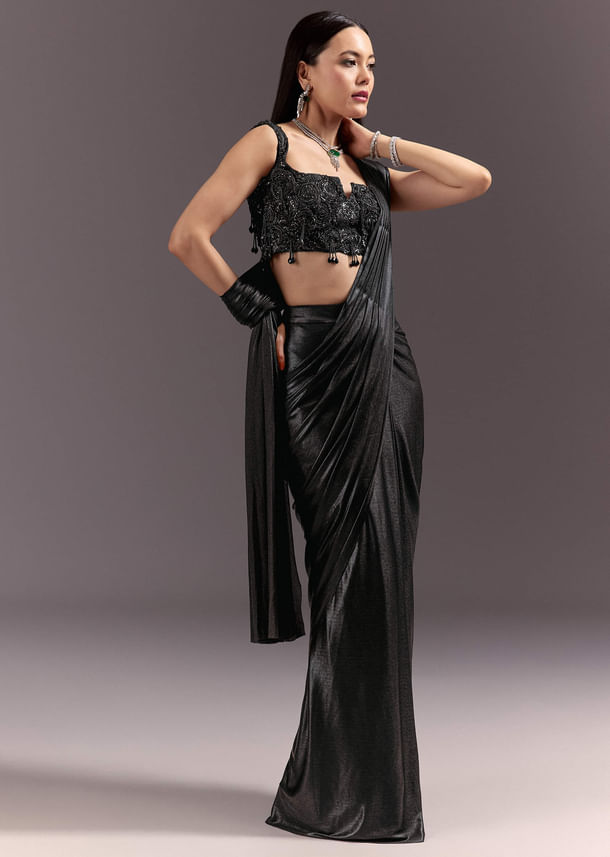 Black Ready To Drape Frill Saree With Ruching Blouse Black Ready To Drape Frill Saree With Ruching Blouse