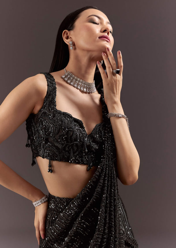 Black Ready To Wear Saree With 3D Patching And Fancy Neck Blouse Black Ready To Wear Saree With 3D Patching And Fancy Neck Blouse