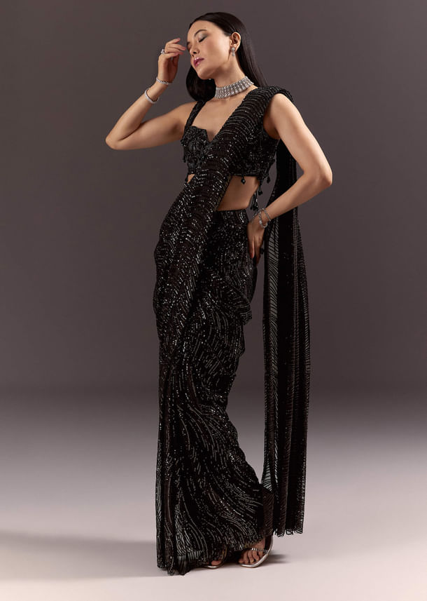 Black Ready To Wear Saree With 3D Patching And Fancy Neck Blouse Black Ready To Wear Saree With 3D Patching And Fancy Neck Blouse