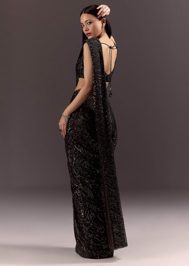 Black Ready To Wear Saree With 3D Patching And Fancy Neck Blouse Black Ready To Wear Saree With 3D Patching And Fancy Neck Blouse