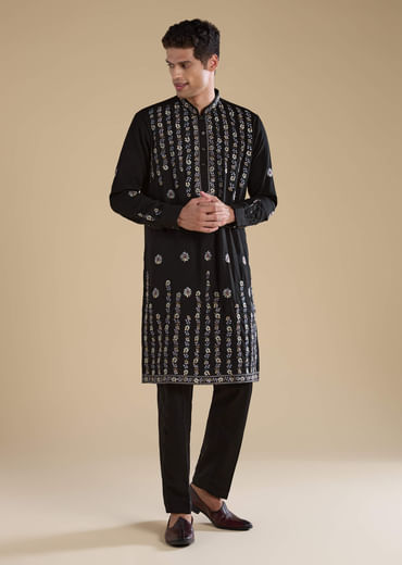 Black Resham Work Straight Mens Kurta and Pant Set