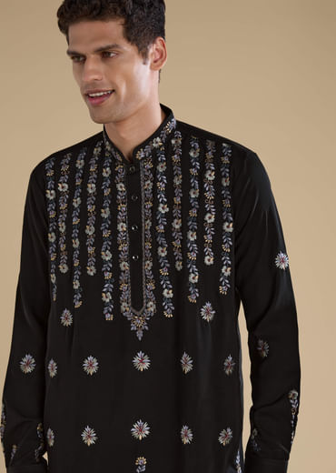 Black Resham Work Straight Mens Kurta and Pant Set