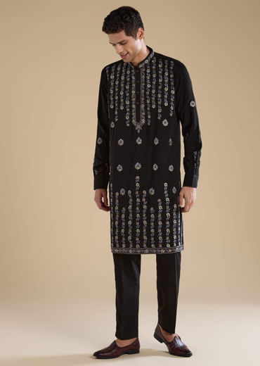 Black Resham Work Straight Mens Kurta and Pant Set