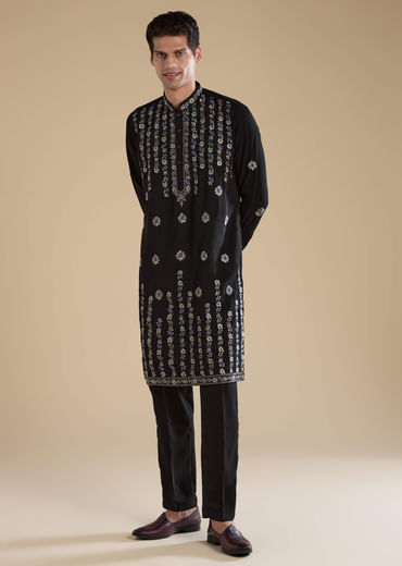 Black Resham Work Straight Mens Kurta and Pant Set
