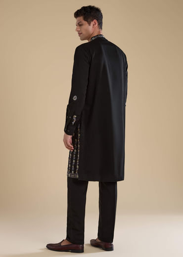 Black Resham Work Straight Mens Kurta and Pant Set