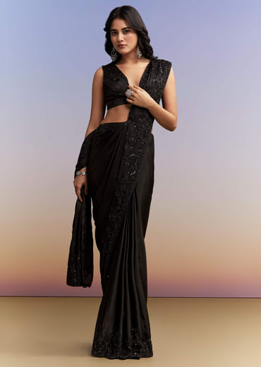 Black Satin Chinon Saree With Heavy Hand Embroidery