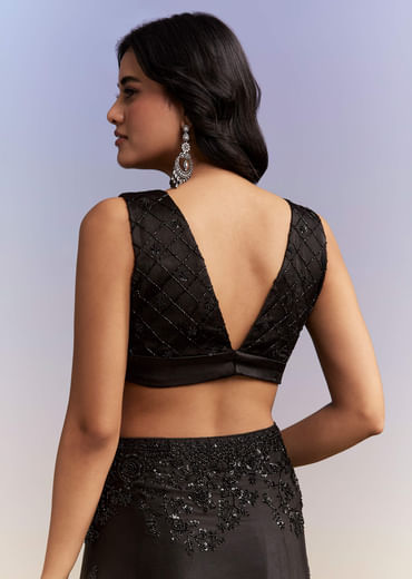 Black Satin Chinon Saree With Heavy Hand Embroidery