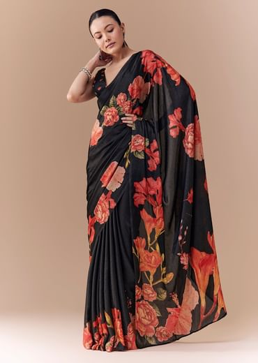 Black Satin Floral Printed Saree with Blouse Fabric