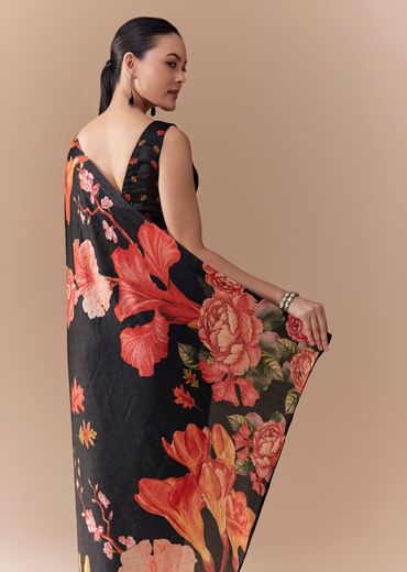 Black Satin Floral Printed Saree with Blouse Fabric