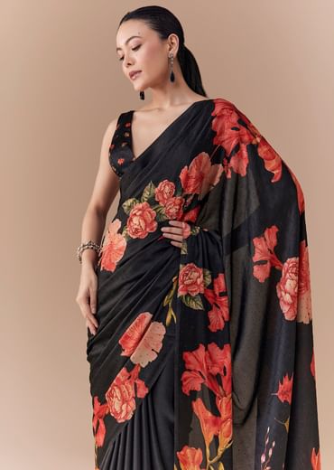 Black Satin Floral Printed Saree with Blouse Fabric