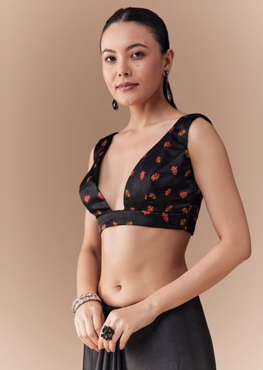 Black Satin Floral Printed Saree with Blouse Fabric