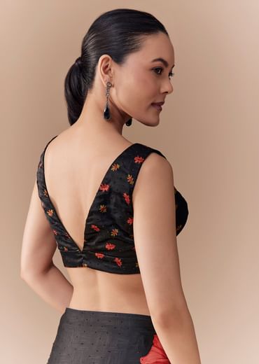 Black Satin Floral Printed Saree with Blouse Fabric