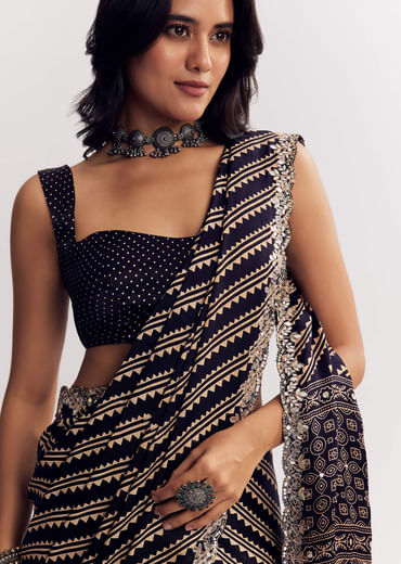 Black Satin Saree With Lehariya Print And Mirror Sequins Zari Embroidery