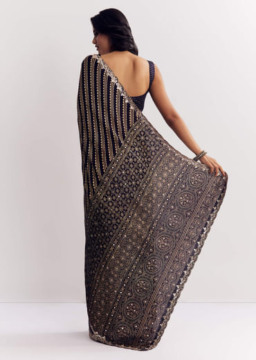 Black Satin Saree With Lehariya Print And Mirror Sequins Zari Embroidery