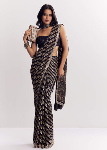 Black Satin Saree With Lehariya Print And Mirror Sequins Zari Embroidery