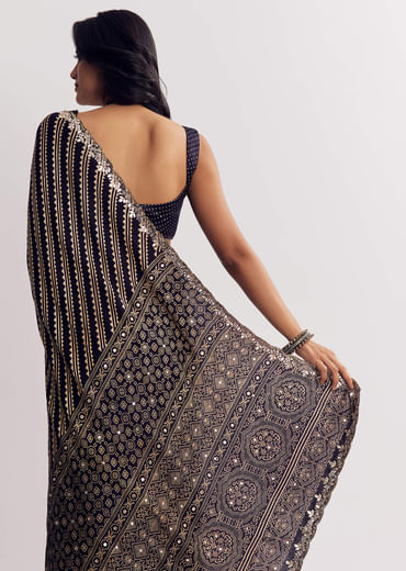 Black Satin Saree With Lehariya Print And Mirror Sequins Zari Embroidery