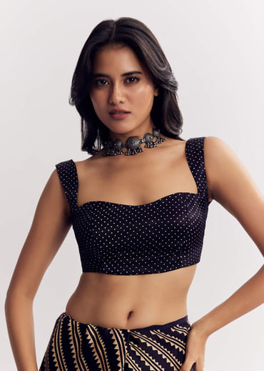 Black Satin Saree With Lehariya Print And Mirror Sequins Zari Embroidery