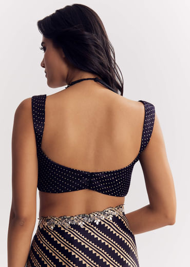 Black Satin Saree With Lehariya Print And Mirror Sequins Zari Embroidery