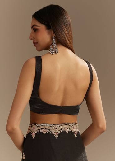 Black Satin Saree With Zardosi Sequins And Scallop Border