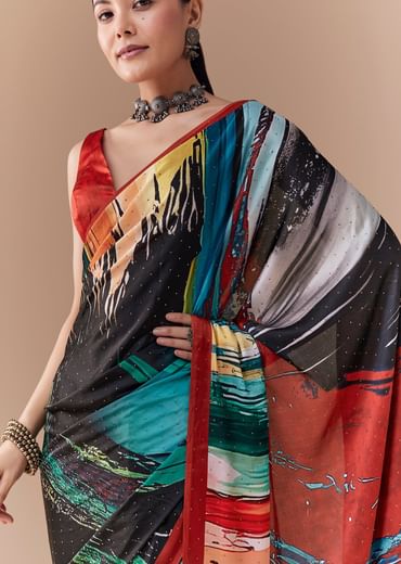 Black Satin Striped Printed Saree with Blouse Fabric