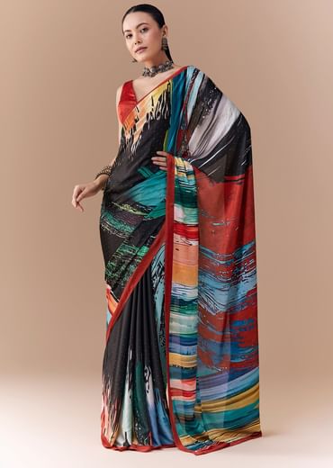 Black Satin Striped Printed Saree with Blouse Fabric