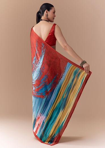 Black Satin Striped Printed Saree with Blouse Fabric