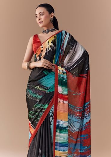 Black Satin Striped Printed Saree with Blouse Fabric