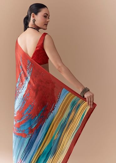 Black Satin Striped Printed Saree with Blouse Fabric