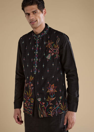 Black Silk Embroidered Mens Jacket Kurta and Pant Set