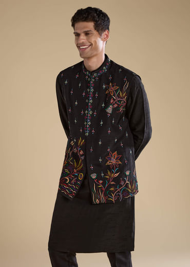 Black Silk Embroidered Mens Jacket Kurta and Pant Set
