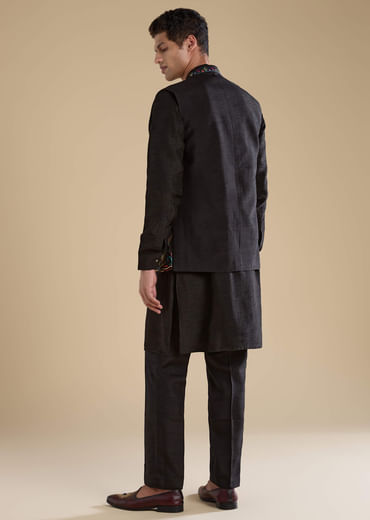Black Silk Embroidered Mens Jacket Kurta and Pant Set