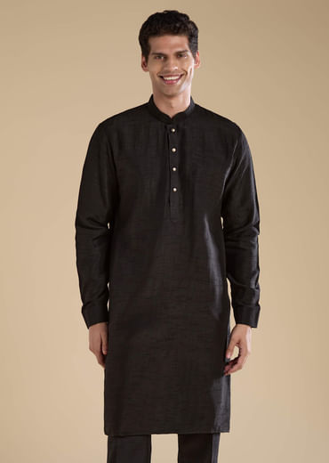Black Silk Embroidered Mens Jacket Kurta and Pant Set